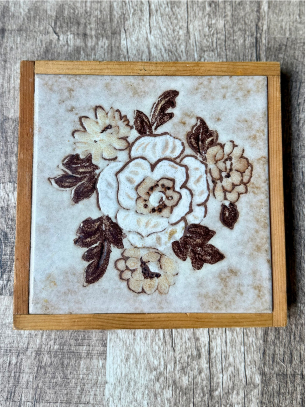 Vintage Italian Ceramic Floral Tile Trivet Wood Frame Made in Italy Sepia